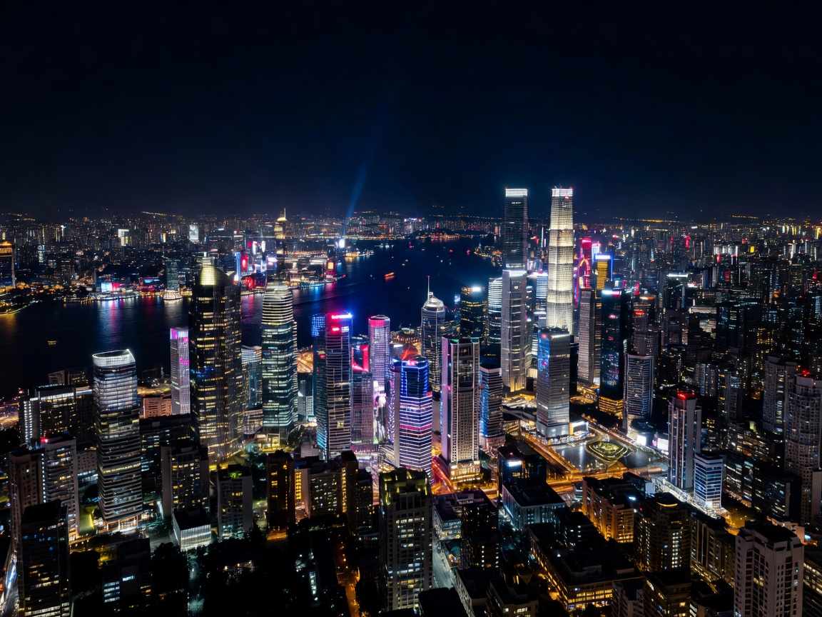 City skyline illuminated brightly at night