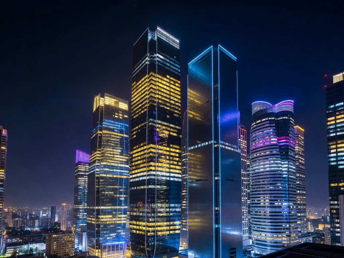 Illuminated modern skyscrapers and city skyline at night