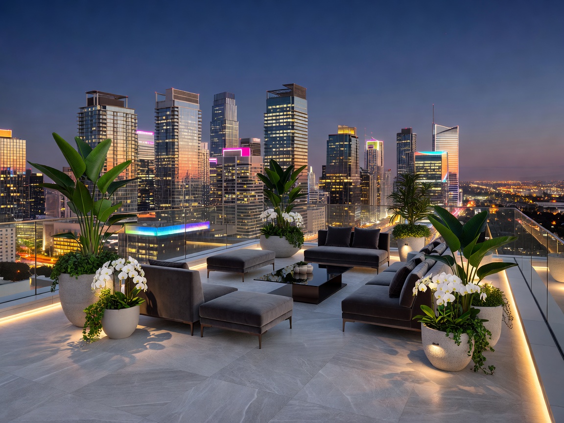 Luxury rooftop terrace overlooking a glowing modern city